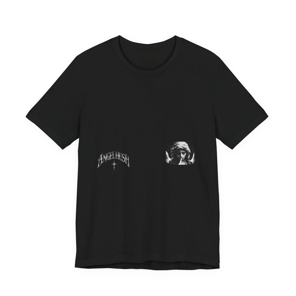 Graphic Tee — Small Chest Gothic 'Angel Hush' Cross Design