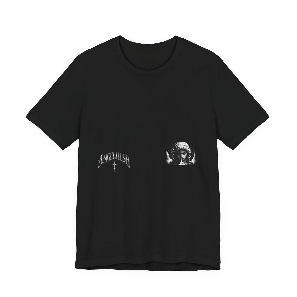 Graphic Tee — Small Chest Gothic 'Angel Hush' Cross Design
