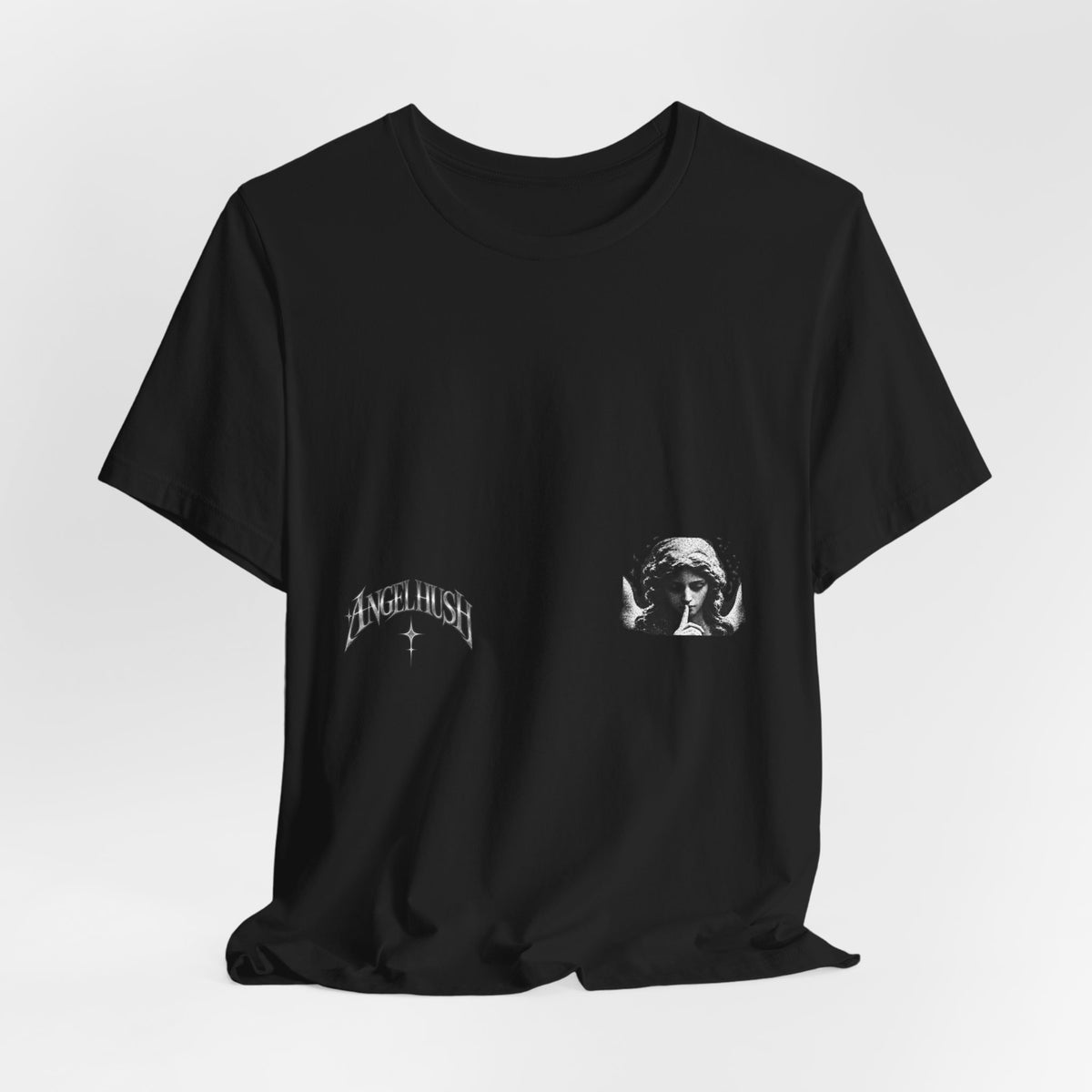 Graphic Tee — Small Chest Gothic 'Angel Hush' Cross Design